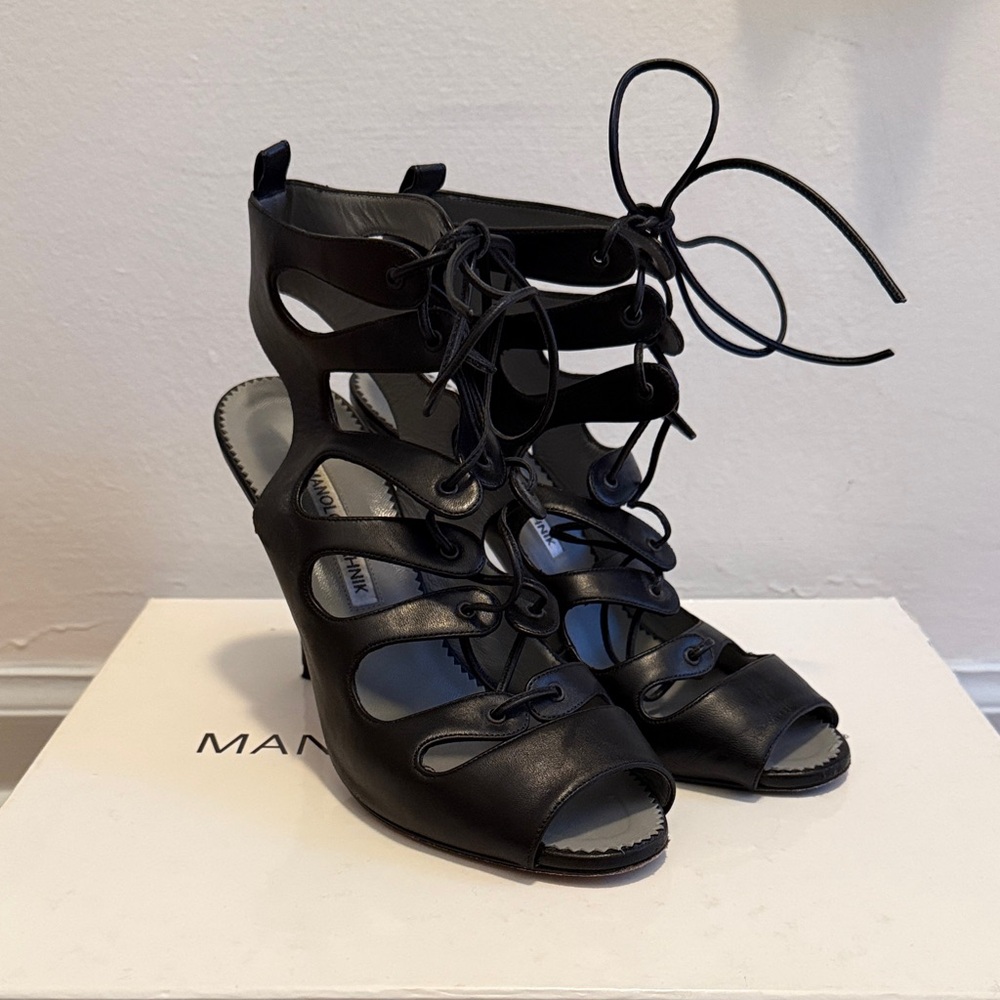 Manolo Blahnik Black Women's Lace-Up Cut Out Heels